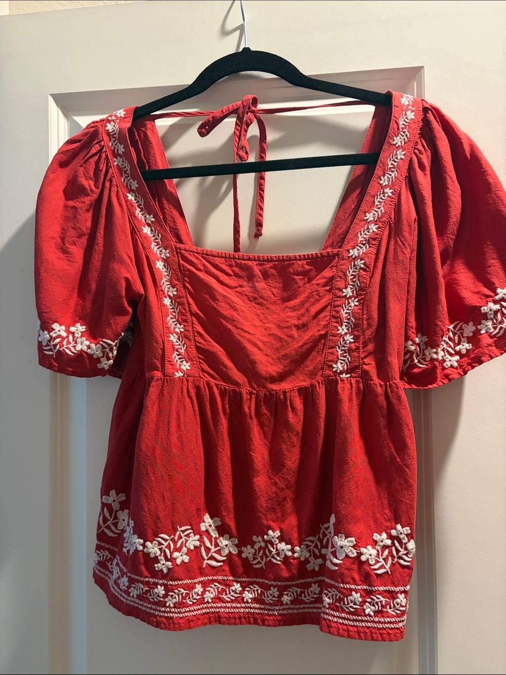 Old Navy Red Square-Neck Embroidered Peasant Blouse